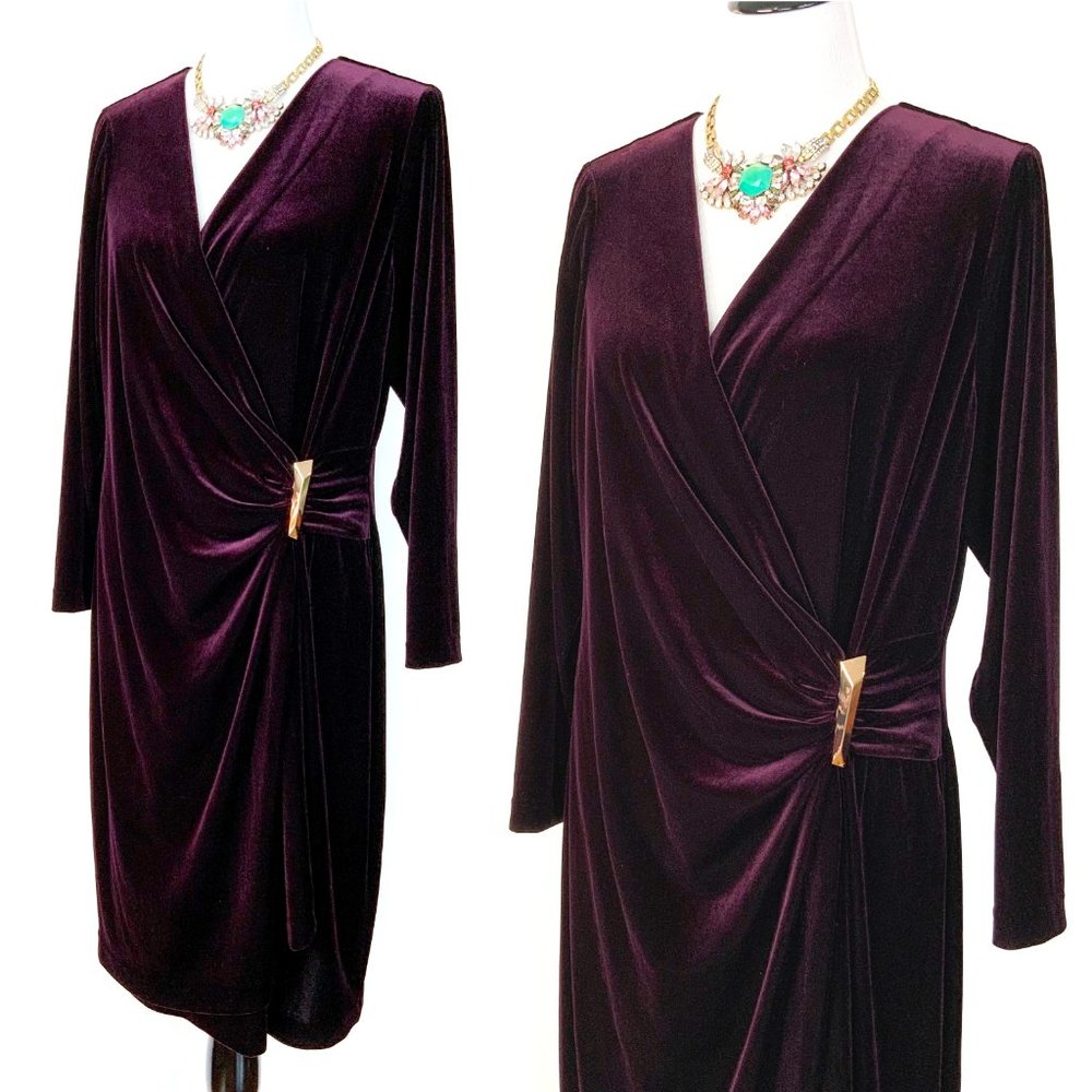 Calvin  Klein Velour Velvet Burgundy Wrap Long Sleeve Dress Sz 14W